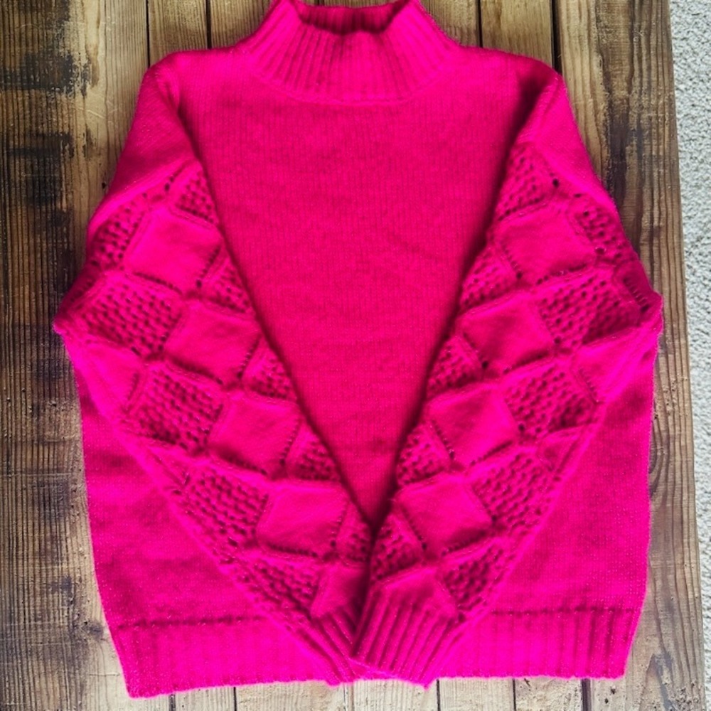 Grace‎ + Karma Hot Pink Mock Neck Sweater Diamond Lattice Knit Sleeves M